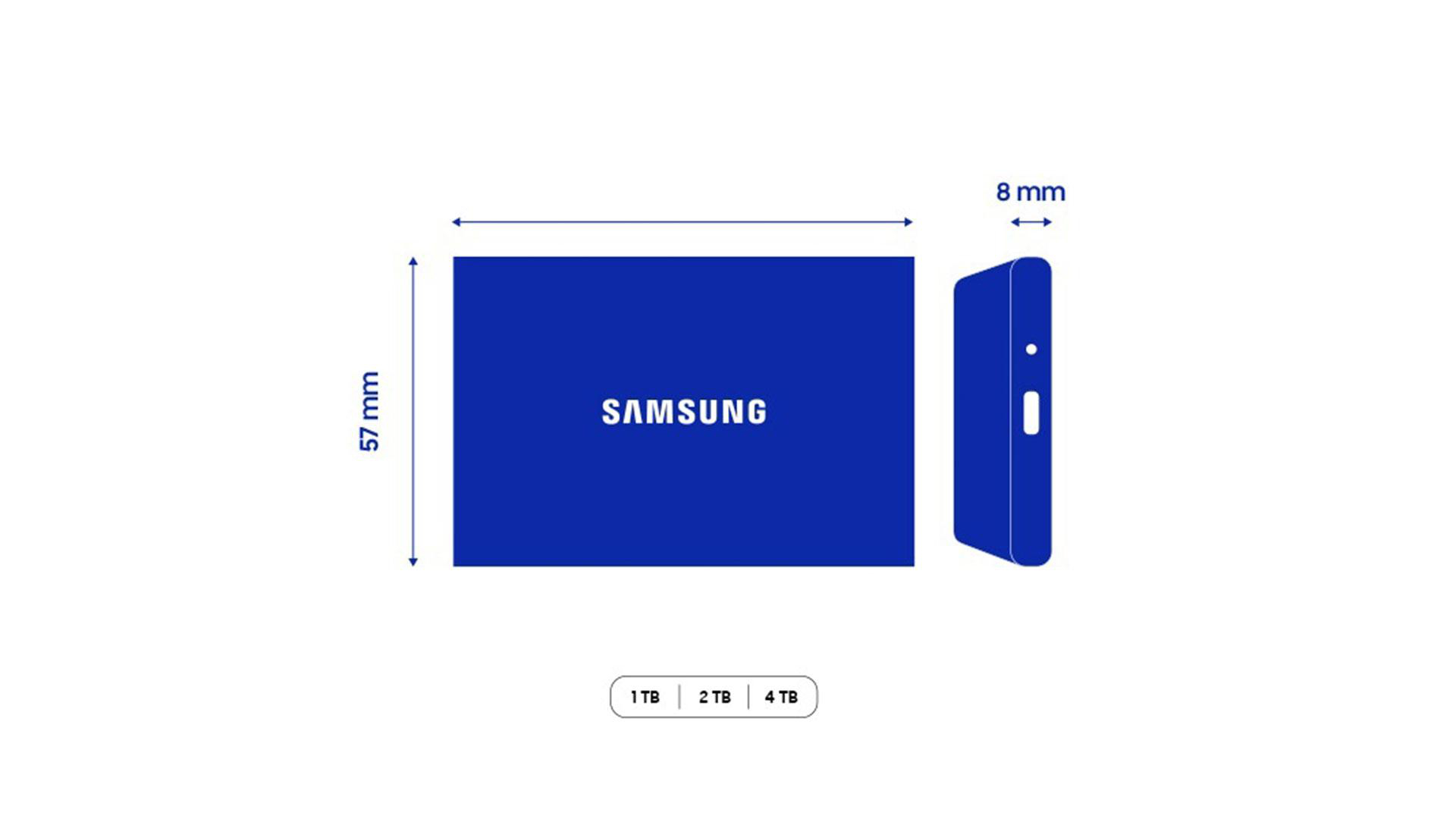 Blaue Samsung SSD mit Maßen. 57 mm hoch, 8 mm dick. Kapazitätsoptionen: 1TB, 2TB, 4TB. Weißer Hintergrund.