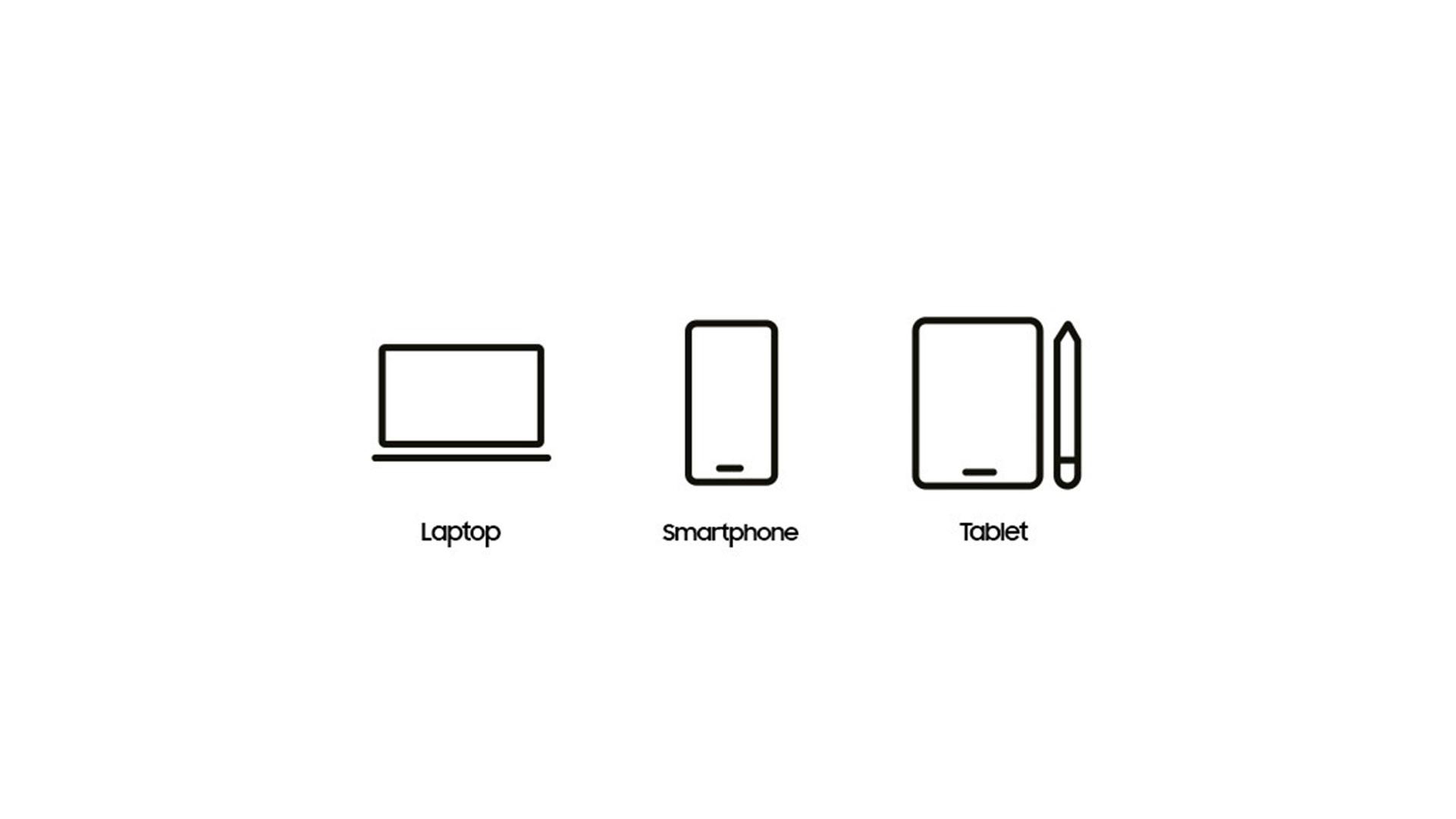 Drei Strichzeichnungen: Laptop, Smartphone und Tablet mit Stift. Alles schwarz auf weißem Hintergrund, jeweils unten beschriftet.