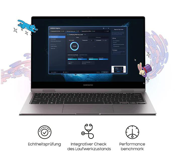 Laptop mit Softwareoberfläche und Cartoon-Elementen. Symbole unten: Echtheitsprüfung, Laufwerkstatus, Leistungsvergleich.