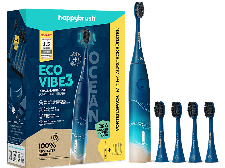 happybrush ECO VIBE 3 Starterkit mit 4 Aufsteckbürsten Blau