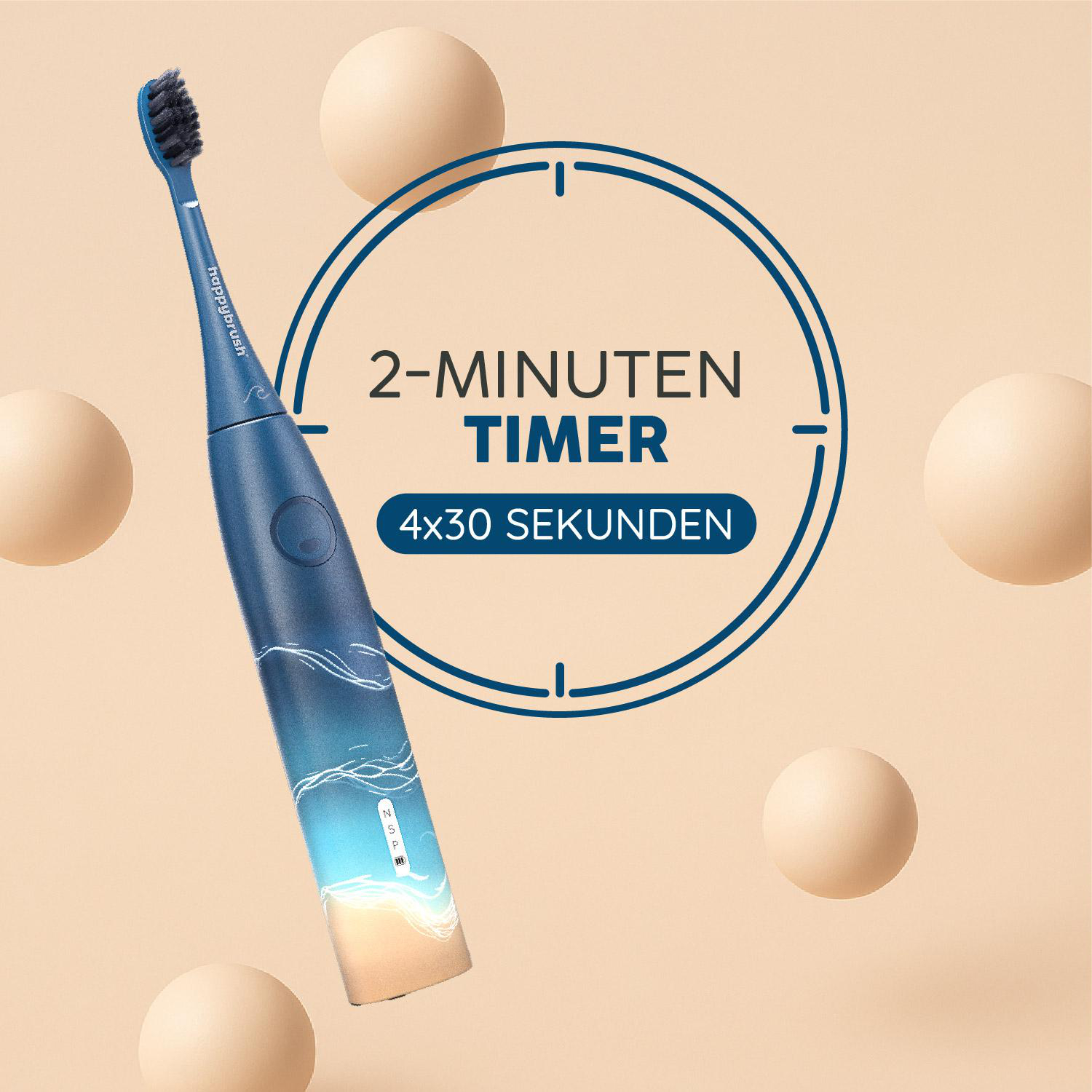 Blaue elektrische Zahnbürste mit Timer und eiförmigen Elementen auf beigem Hintergrund. Auf der Zahnbürste steht 'happybrush'.