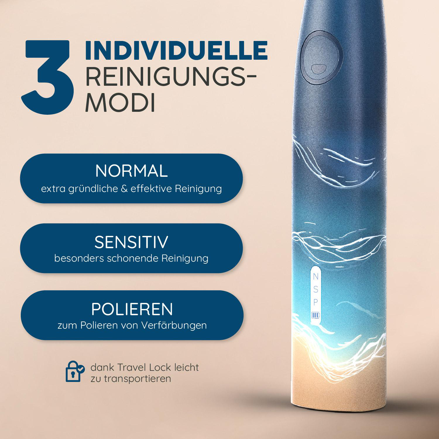 Das Bild zeigt eine elektrische Zahnbürste mit drei Reinigungsmodi: Normal, Sensitiv und Polieren. Sie hat eine Reisesicherungsfunktion.
