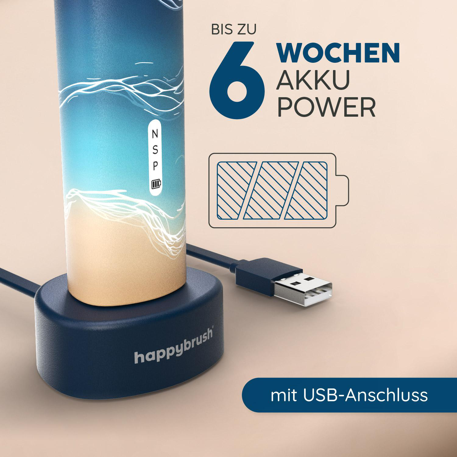 Elektrische Zahnbürste auf Ladestation. Text lautet '6 Wochen Akkuleistung' und 'mit USB-Anschluss'.