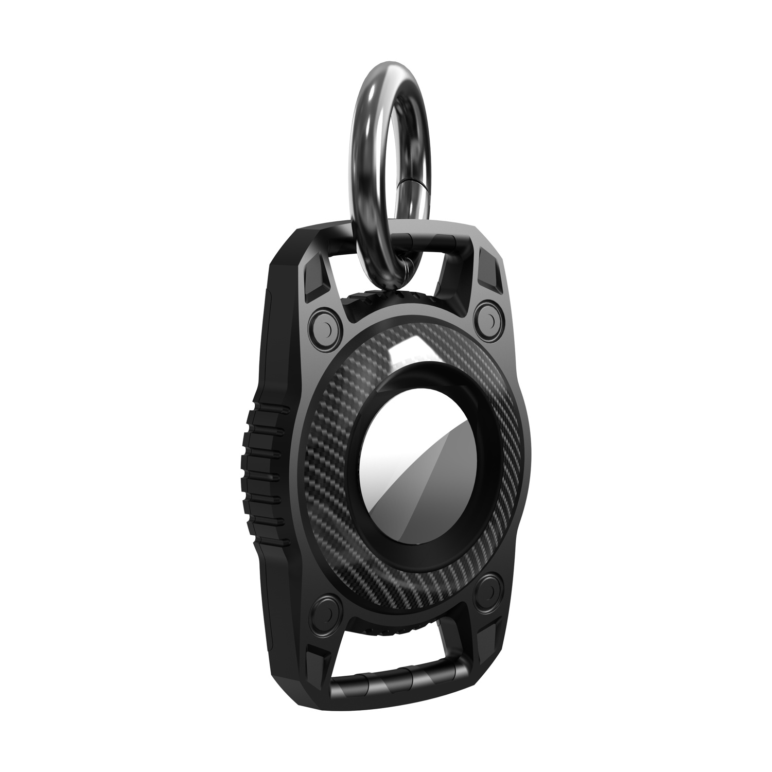 Un dispositivo nero e robusto con un centro in fibra di carbonio e un anello di metallo. Sembra un tracker o un portachiavi, su sfondo bianco.