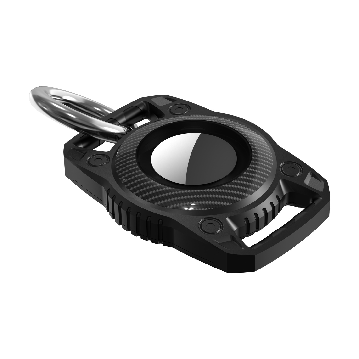 Un portachiavi nero con design in fibra di carbonio, un anello argentato e una superficie riflettente, il tutto su sfondo bianco.