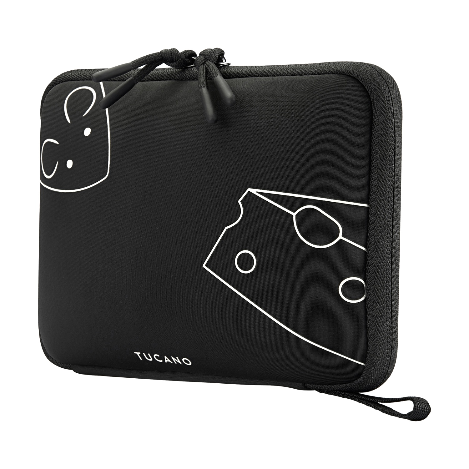 Custodia per laptop Tucano nera con grafica di formaggio bianco. Ha una cerniera e un passante. Il marchio è visibile.