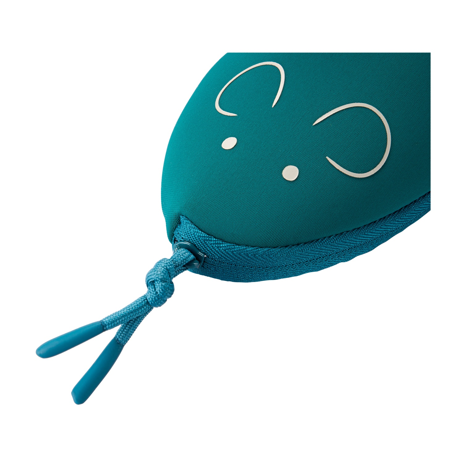 Pochette turchese con dettagli bianchi a forma di viso e cerniera. Ha un cordino annodato con punte blu.