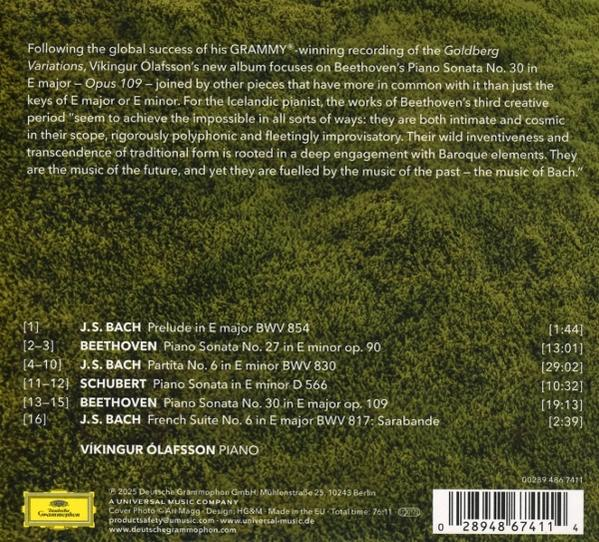 Albumcover: Grüner Hintergrund mit Text über ein klassisches Musikalbum von Vikingur Ólafsson. Enthält eine Titelliste.