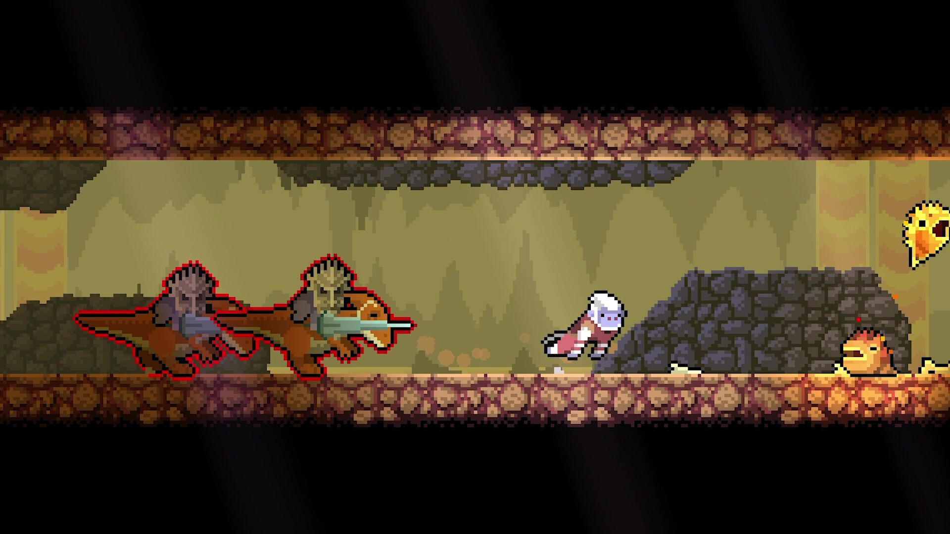 Pixelige Szene: Zwei Reiter auf Dinosauriern, ein rennendes Wesen, ein kleines Wesen und ein fliegendes Wesen in einer Höhle.