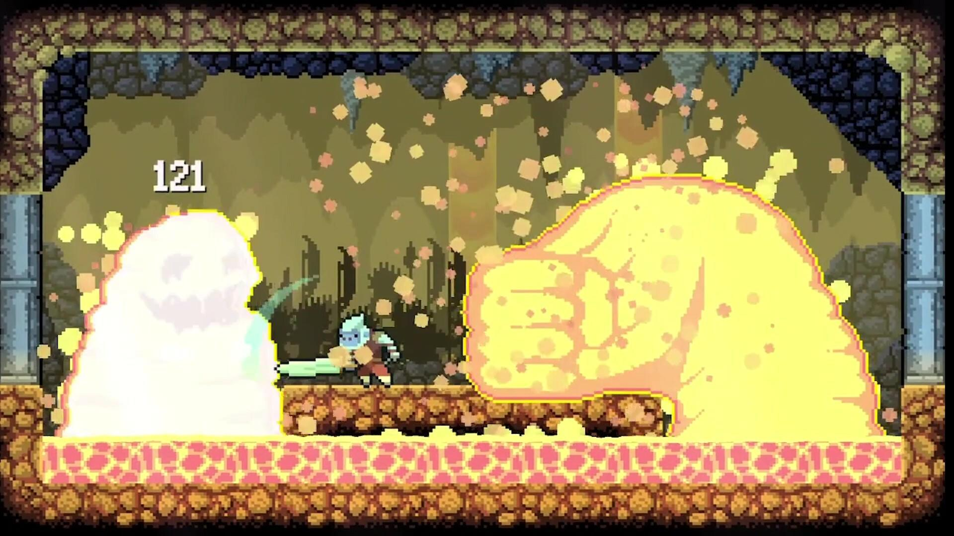 Eine pixelige Spielszene mit einem Ritter, der gegen eine gelbe, riesige Faust kämpft. Ein weißer Klecks und die Zahl 121 sind ebenfalls sichtbar.