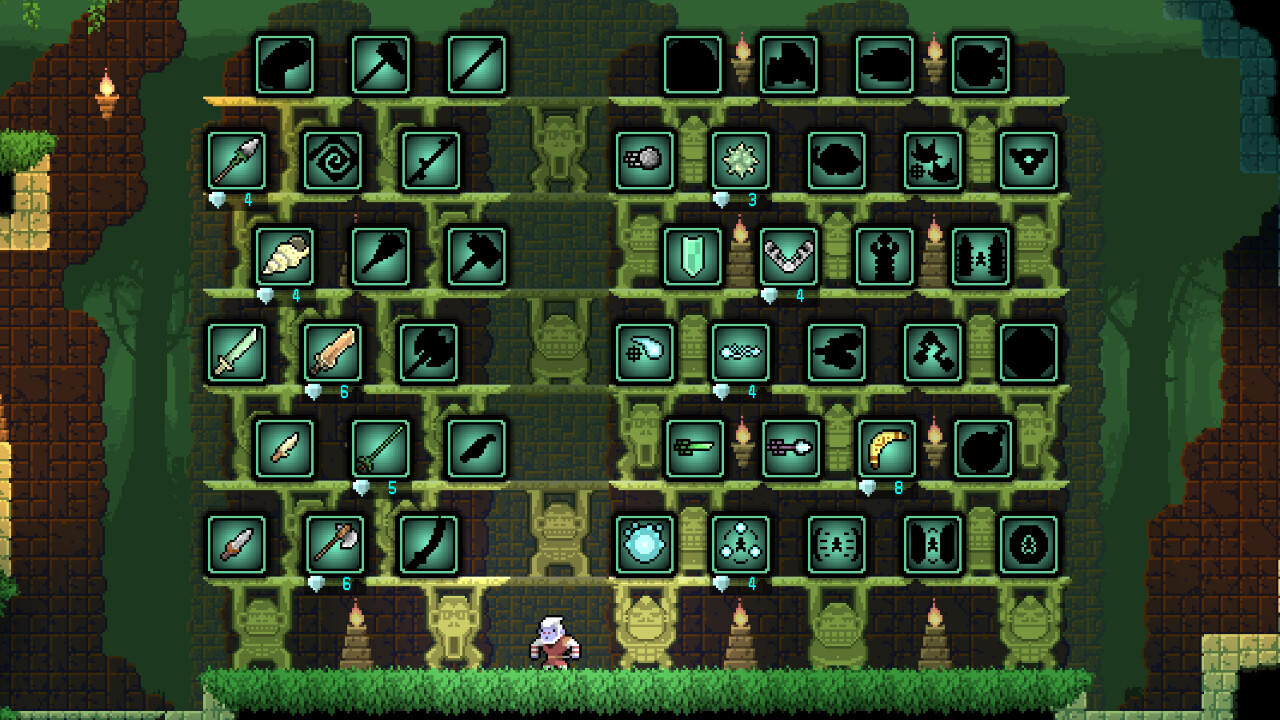 Ein pixeliger Spielbildschirm zeigt Waffensymbole in einem Raster. Ein kleiner Charakter geht unter dem Raster in einer grünen Waldkulisse.