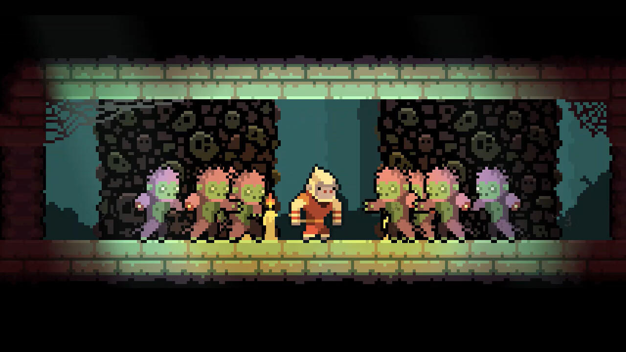 Pixelige Szene: Ein Held mit einer Kerze steht Zombies in einem Dungeon gegenüber. Der Hintergrund hat eine dunkle Wand mit Totenköpfen.