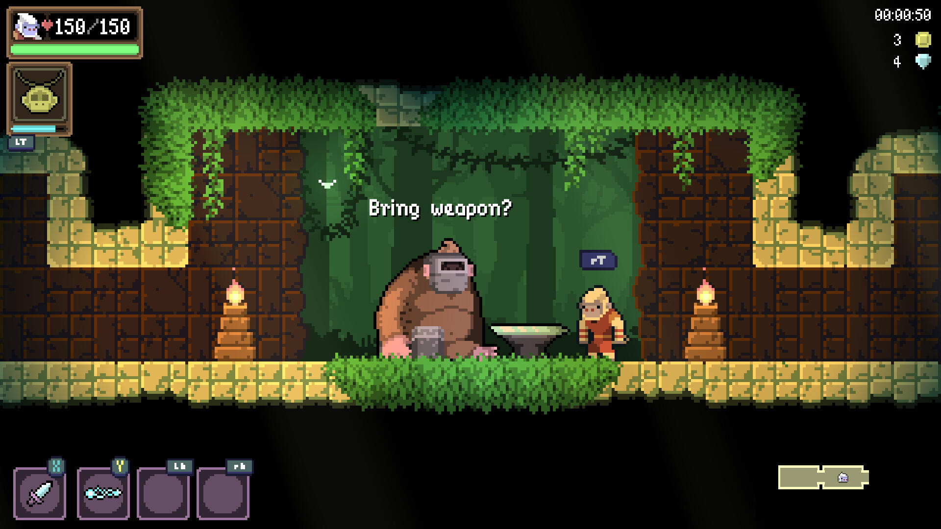 Pixel-Spielszene. Eine große, braune, affenartige Figur und ein blonder Mensch stehen in einer Höhle. Sprechblase sagt 'Bring weapon?'
