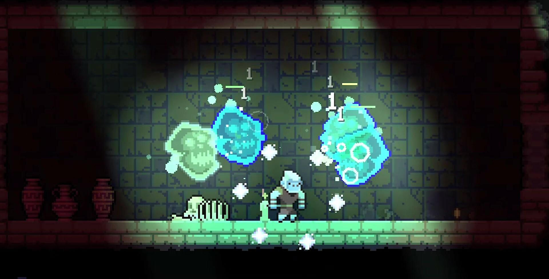 Eine pixelige Szene. Ein Charakter kämpft gegen leuchtende Feinde. Schadenszahlen schweben über ihnen. Ein Dungeon mit Töpfen und Ziegeln.