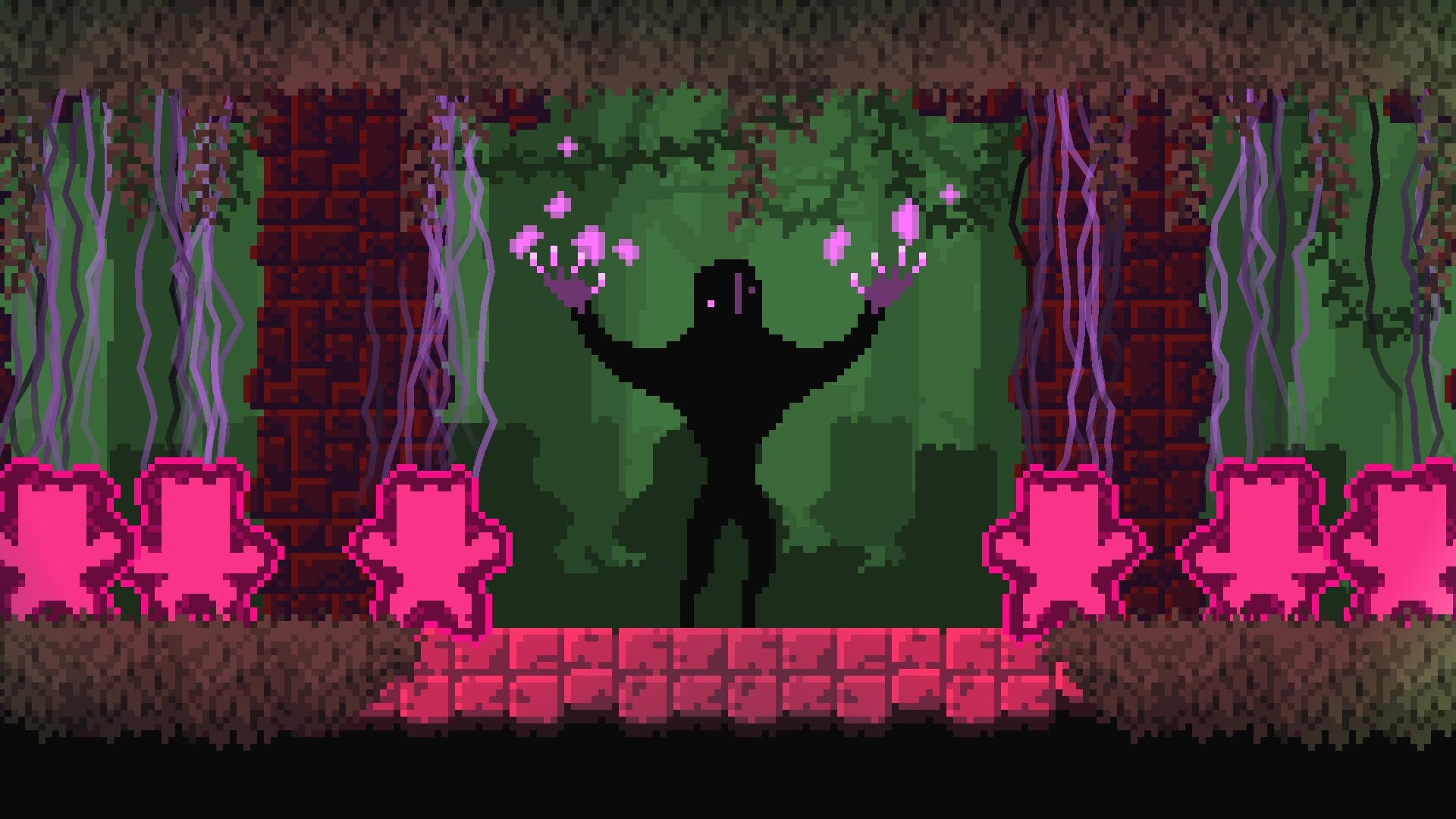 Eine pixelige Szene mit einer schwarzen Figur, die die Hände mit leuchtenden Kugeln hebt. Rosa Kreaturen säumen den Vordergrund, eine Backsteinmauer im Hintergrund.