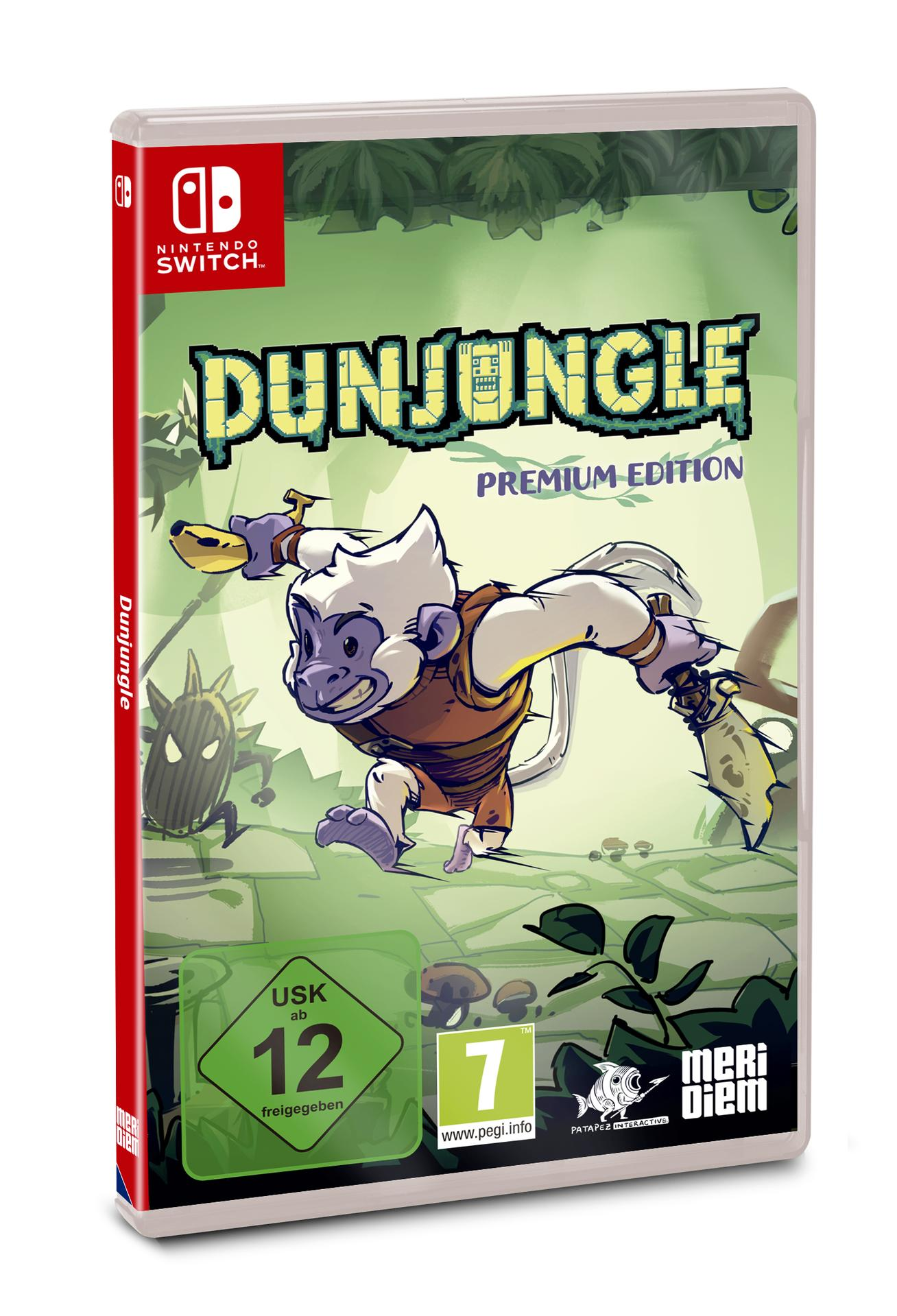 Nintendo Switch-Spielbox. Titel 'Dunjungle' mit einem Affencharakter mit Bananenwaffe. Altersempfehlung 12.