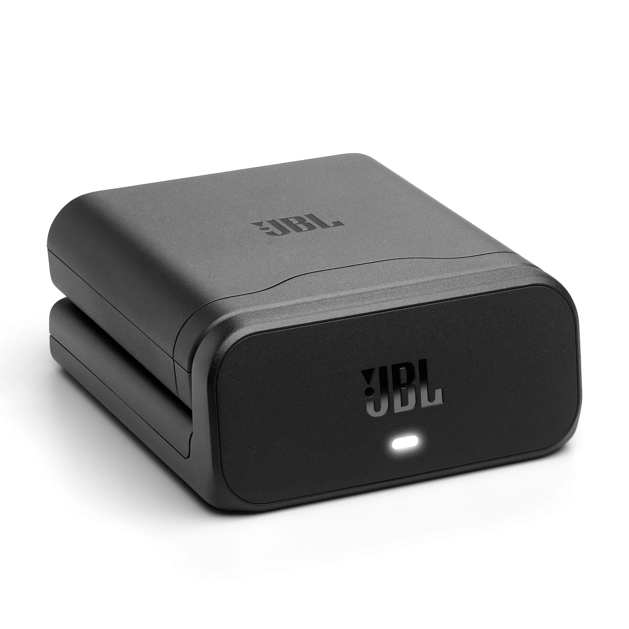 Schwarzes JBL-Gerät mit weißem Leuchten. JBL-Logo oben und vorne. Gerät auf weißer Oberfläche.