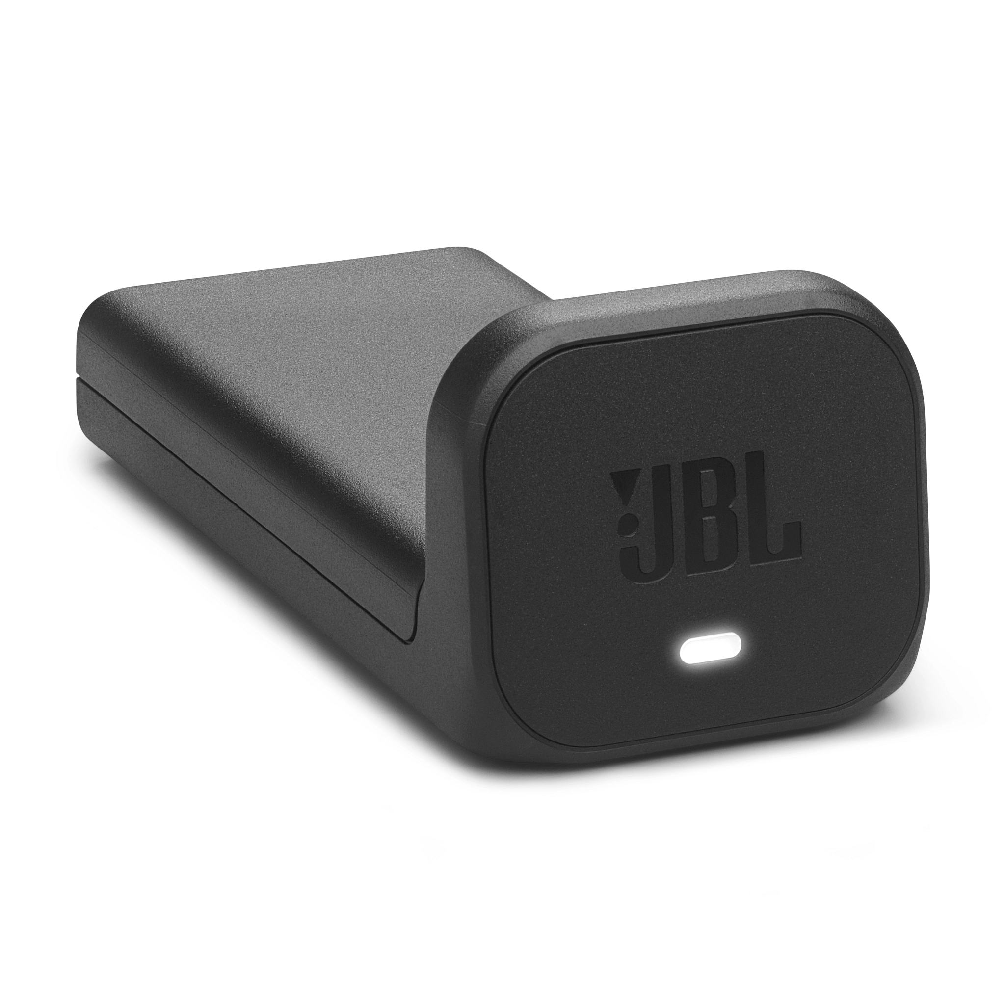 Schwarze JBL-Ladestation auf weißem Hintergrund. Es hat ein abgerundetes Design mit dem JBL-Logo und einer leuchtenden Anzeige.