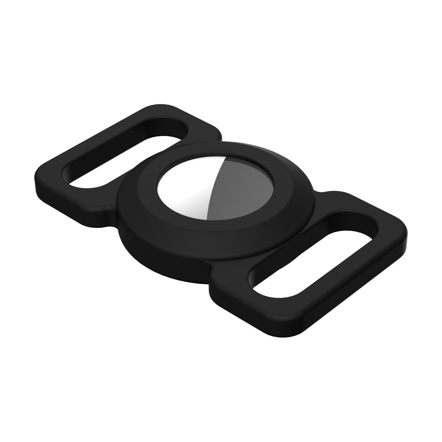 Un accessorio nero per collare per animali domestici con un componente circolare centrale e due anelli rettangolari su entrambi i lati, sfondo bianco.