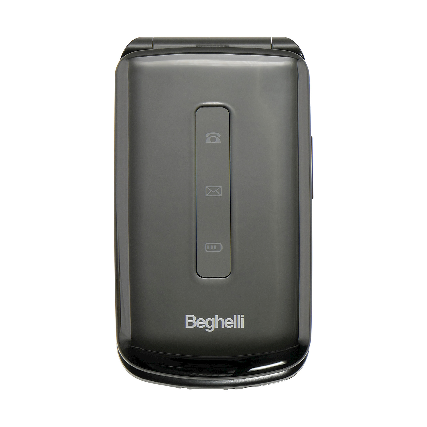 Un telefono a conchiglia grigio scuro chiuso. Ha un pannello di pulsanti verticale con icone di telefono, email e batteria. Il marchio è Beghelli.