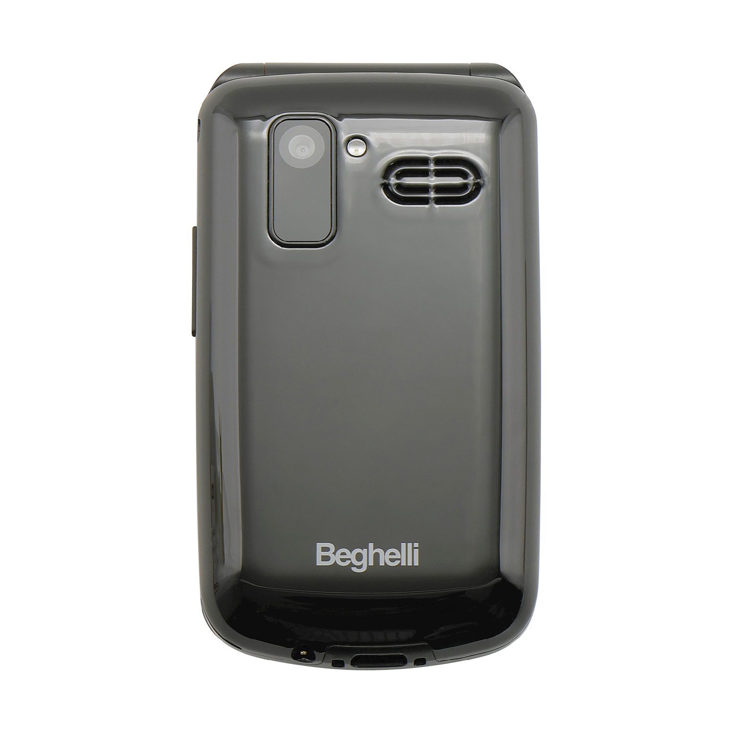 Un telefono a conchiglia nero, la parte posteriore è visibile. Ha fotocamera, altoparlante e il marchio Beghelli è stampato.