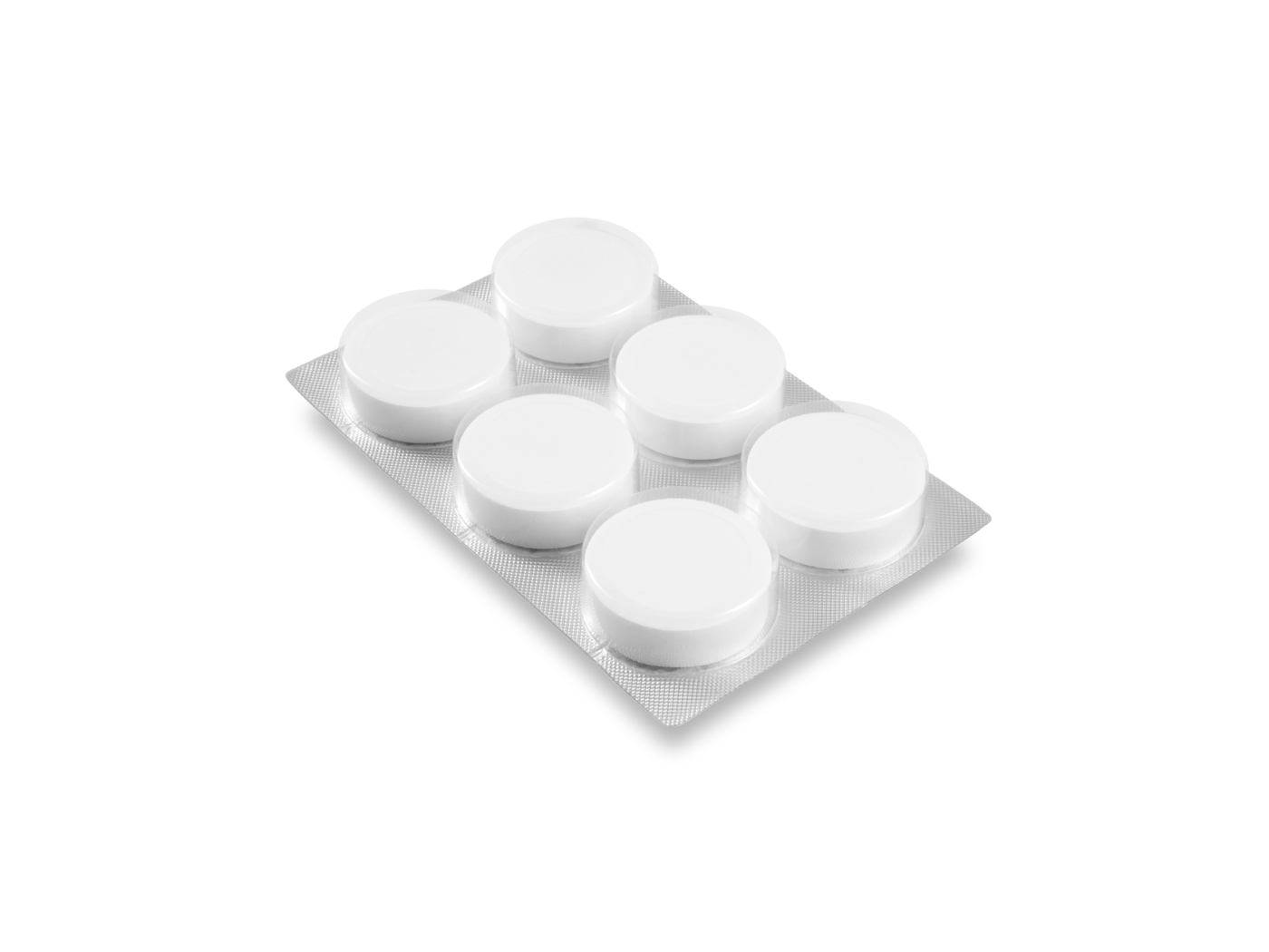 Eine Blisterpackung mit sechs weißen, runden Pillen. Die Pillen befinden sich in einer silbernen, rechteckigen Packung auf weißem Hintergrund.
