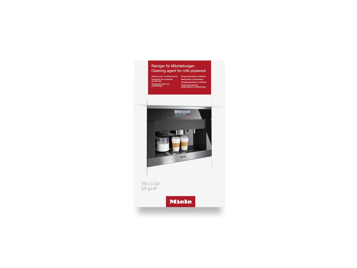 Weißer Hintergrund mit Kaffeemaschine. Zwei Gläser Latte sind in der Maschine. Ein rotes Banner und das Miele-Logo sind vorhanden.