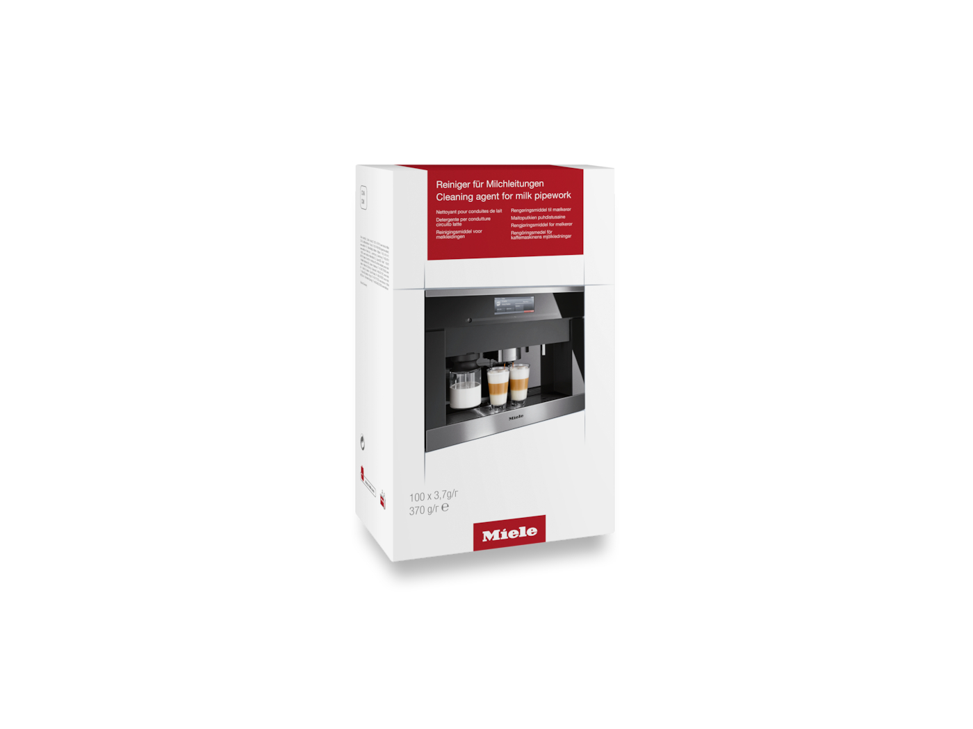 Eine weiße Box mit einer Kaffeemaschine. Text in mehreren Sprachen, darunter Englisch, beschreibt Reinigungsmittel für Milchleitungen.