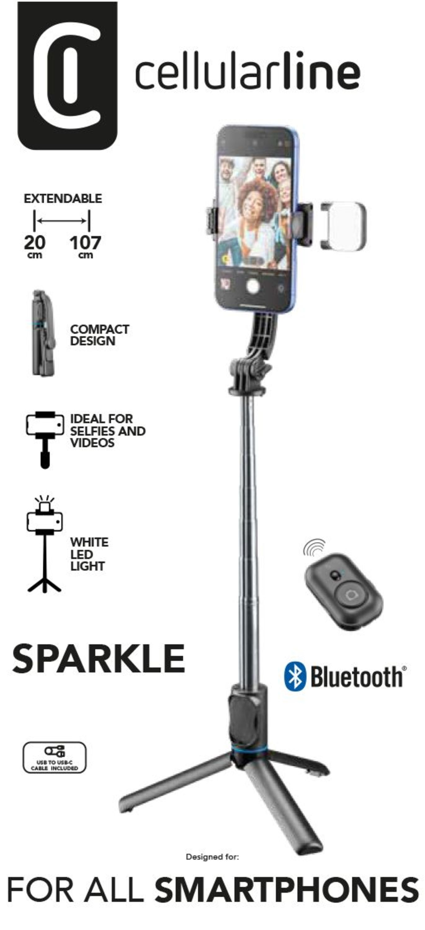 Cellularline Selfie-Stick mit Telefon, das Menschen zeigt. Enthält Bluetooth-Fernbedienung, erweiterbar auf 107 cm und weißes LED-Licht.