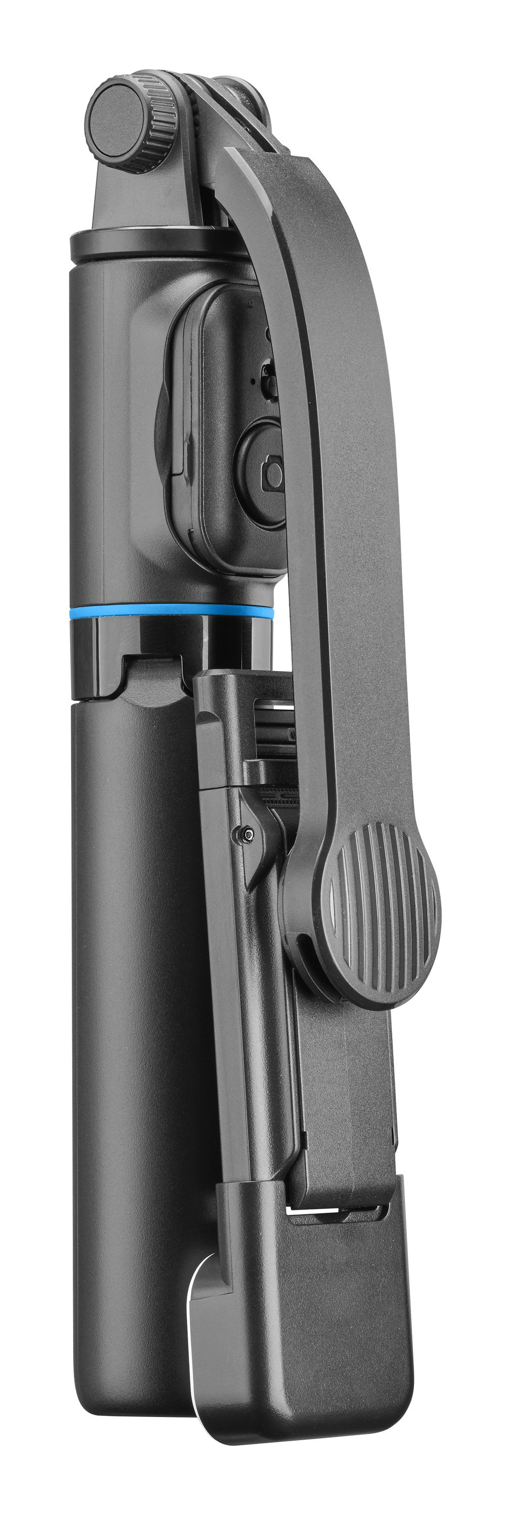 Ein schwarzer Selfie-Stick wird gezeigt. Er hat einen blauen Ring, einen Griff und eine Telefonhalterung. Der Hintergrund ist weiß.