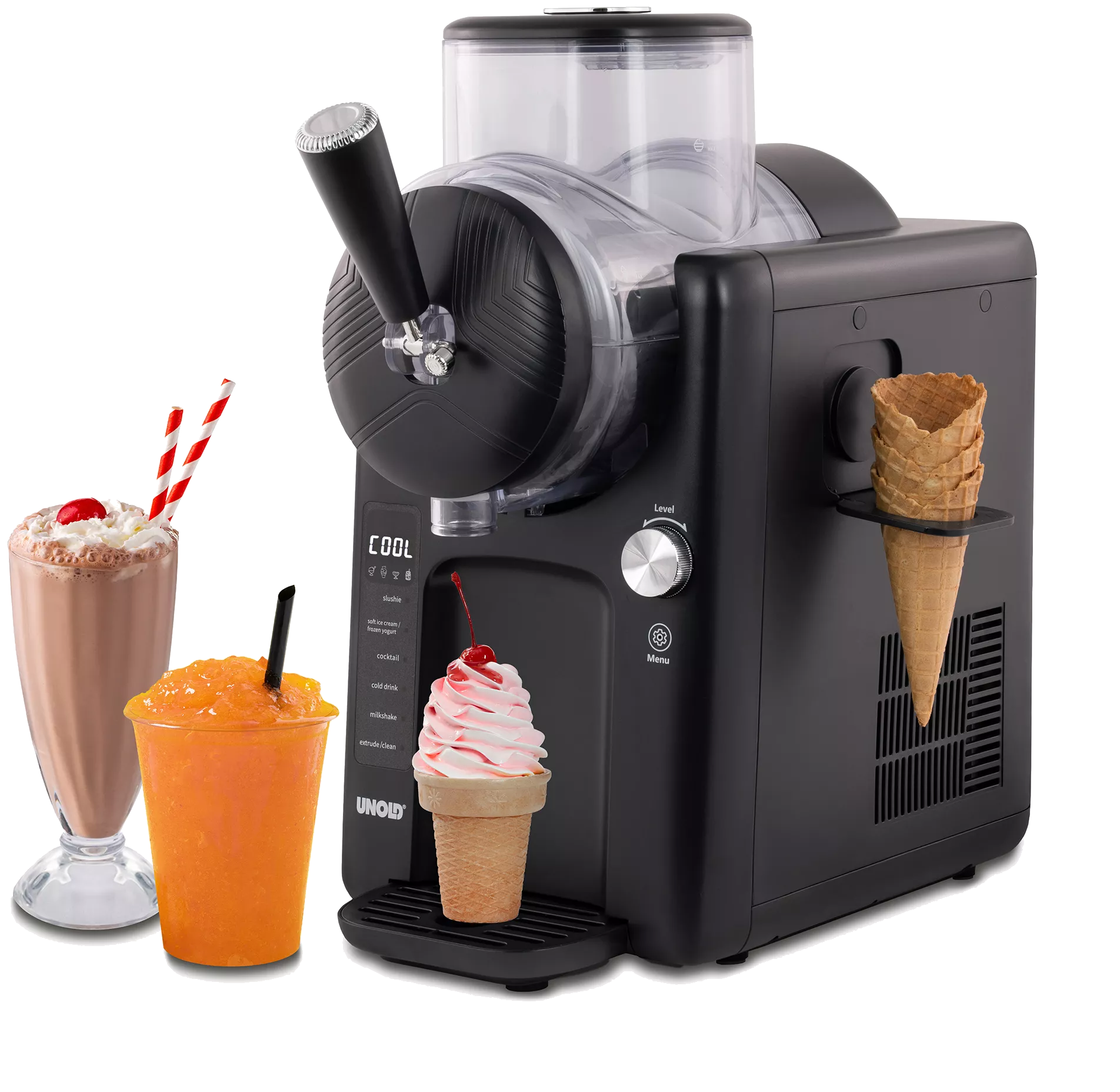 Schwarzer Eisbereiter mit Eiswaffeln, Milchshakes und Orangensaft. Die Maschine hat ein digitales Display und ein Menü.