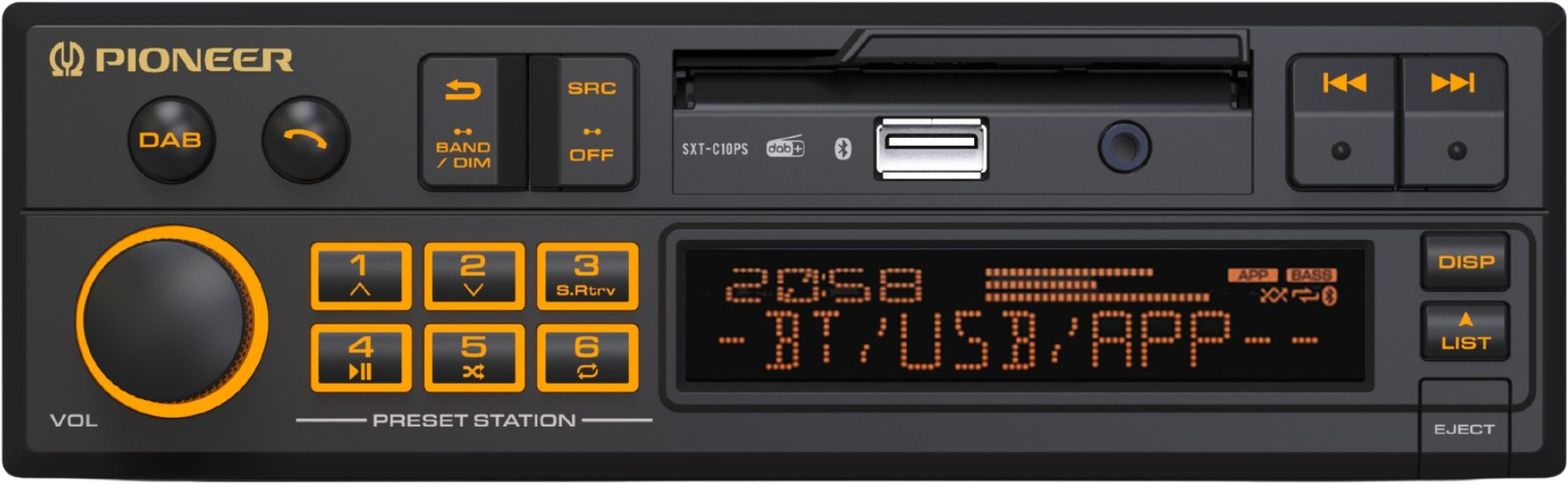 Autoradio avec boutons, écran affichant l'heure et infos BT/USB, et bouton volume. Marque Pioneer visible.
