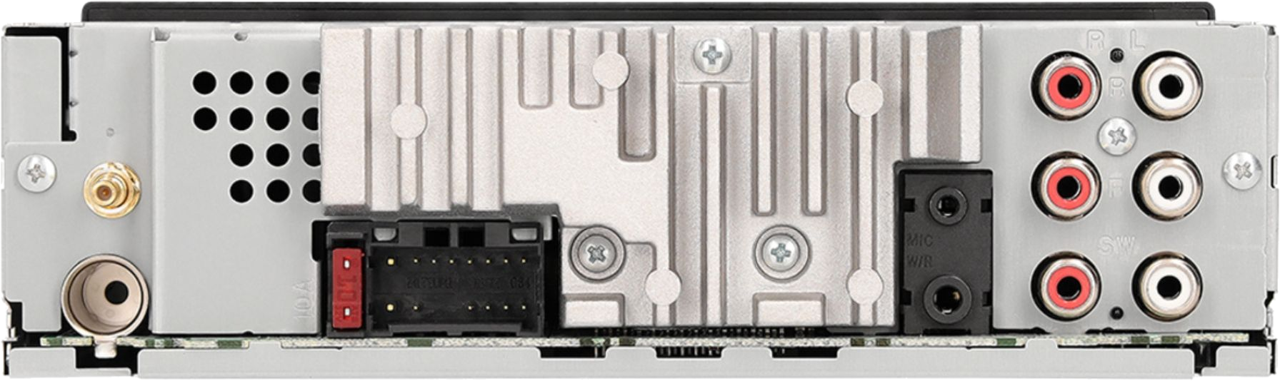 L'arrière d'un autoradio, montrant les connecteurs, le dissipateur thermique et les ports audio.