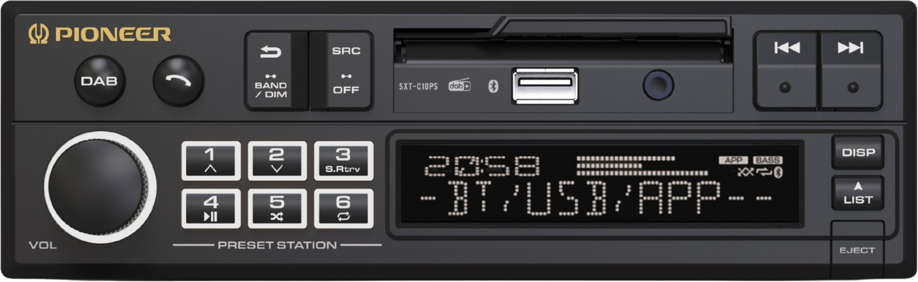 Un autoradio Pioneer noir avec des boutons, un écran affichant l'heure et les réglages, et un port USB.