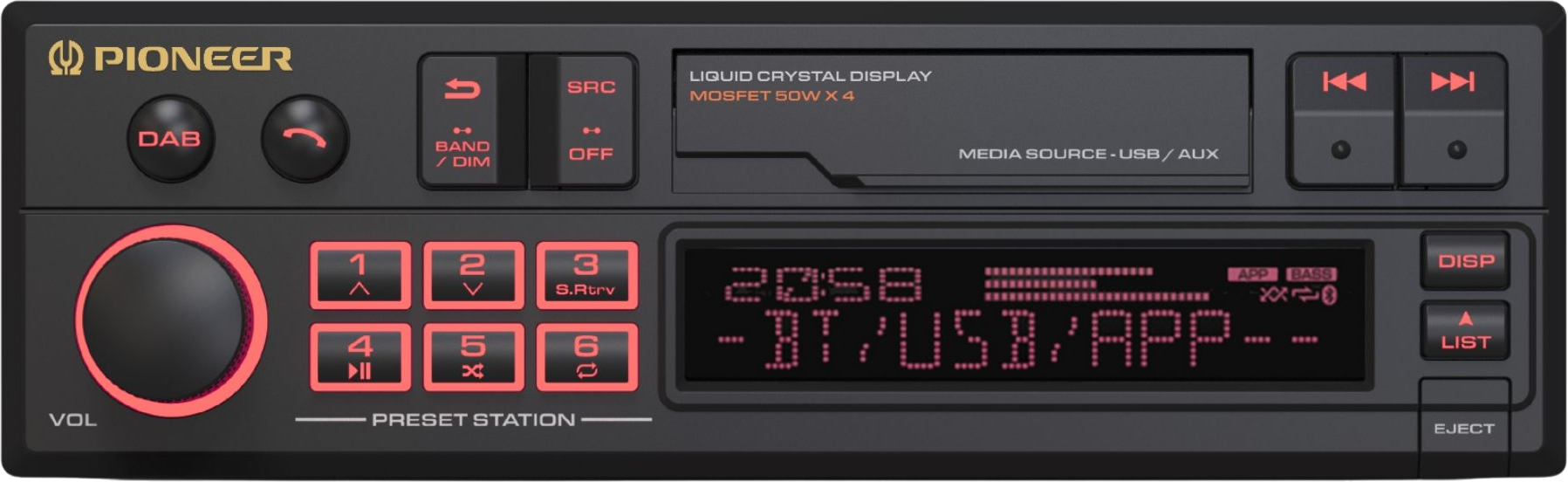 Autoradio. Noir avec boutons et écran éclairés en rouge. Affiche l'heure, les réglages radio et le bouton de volume.