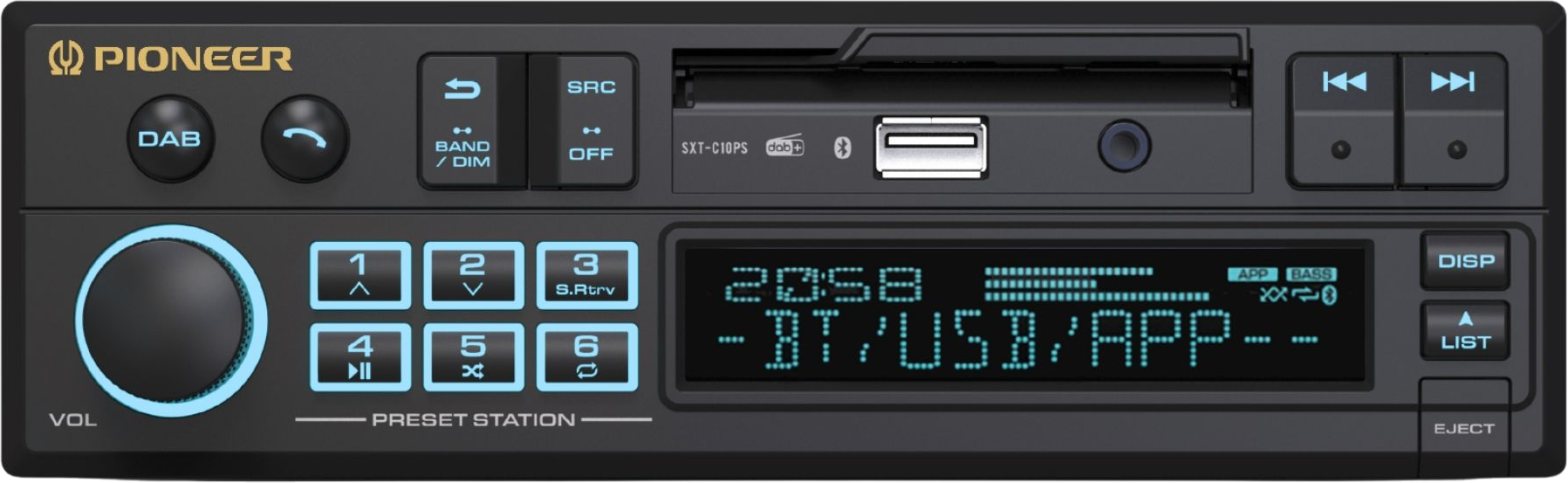 Autoradio avec boutons, un écran affichant des informations, un port USB et un bouton de volume. Il a le logo Pioneer.