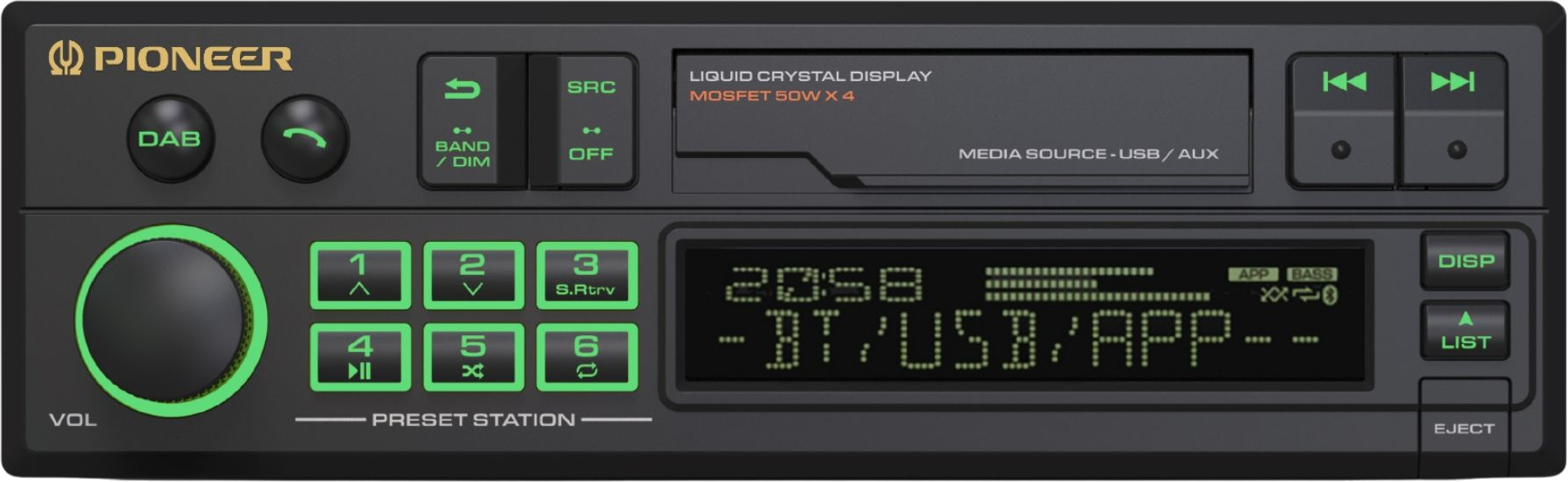 Autoradio avec boutons et écran. Il est noir avec des accents verts et orange, affichant BT, USB, APP.