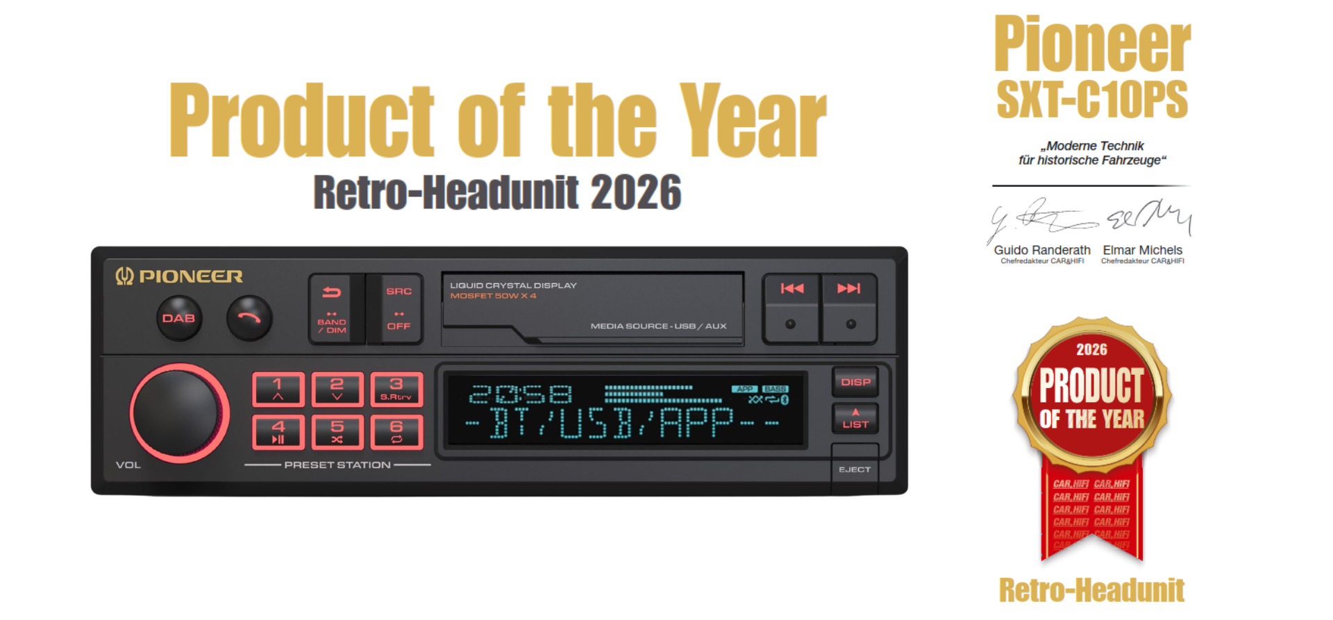 Un autoradio avec écran, boutons et un badge 'Produit de l'année'. Le texte indique 'Retro-Headunit 2026'.