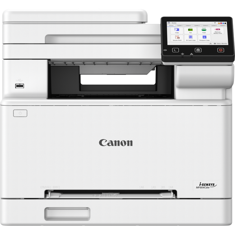 Ein weißer Canon i-SENSYS MF664Cdw Drucker. Es hat eine Touchscreen-Oberfläche und verschiedene Funktionstasten.