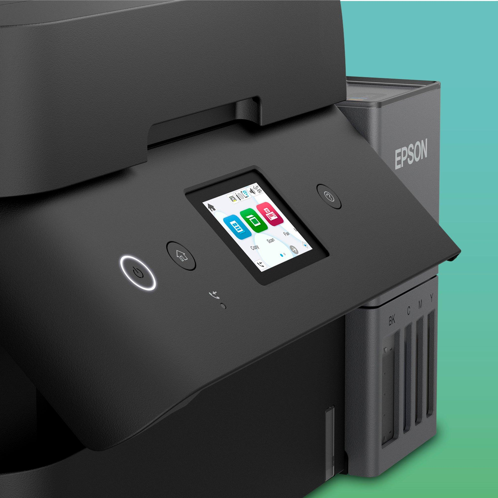 Ein schwarzer Drucker mit kleinem Bildschirm mit Symbolen. Das Epson-Logo ist sichtbar. Der Hintergrund ist grün.