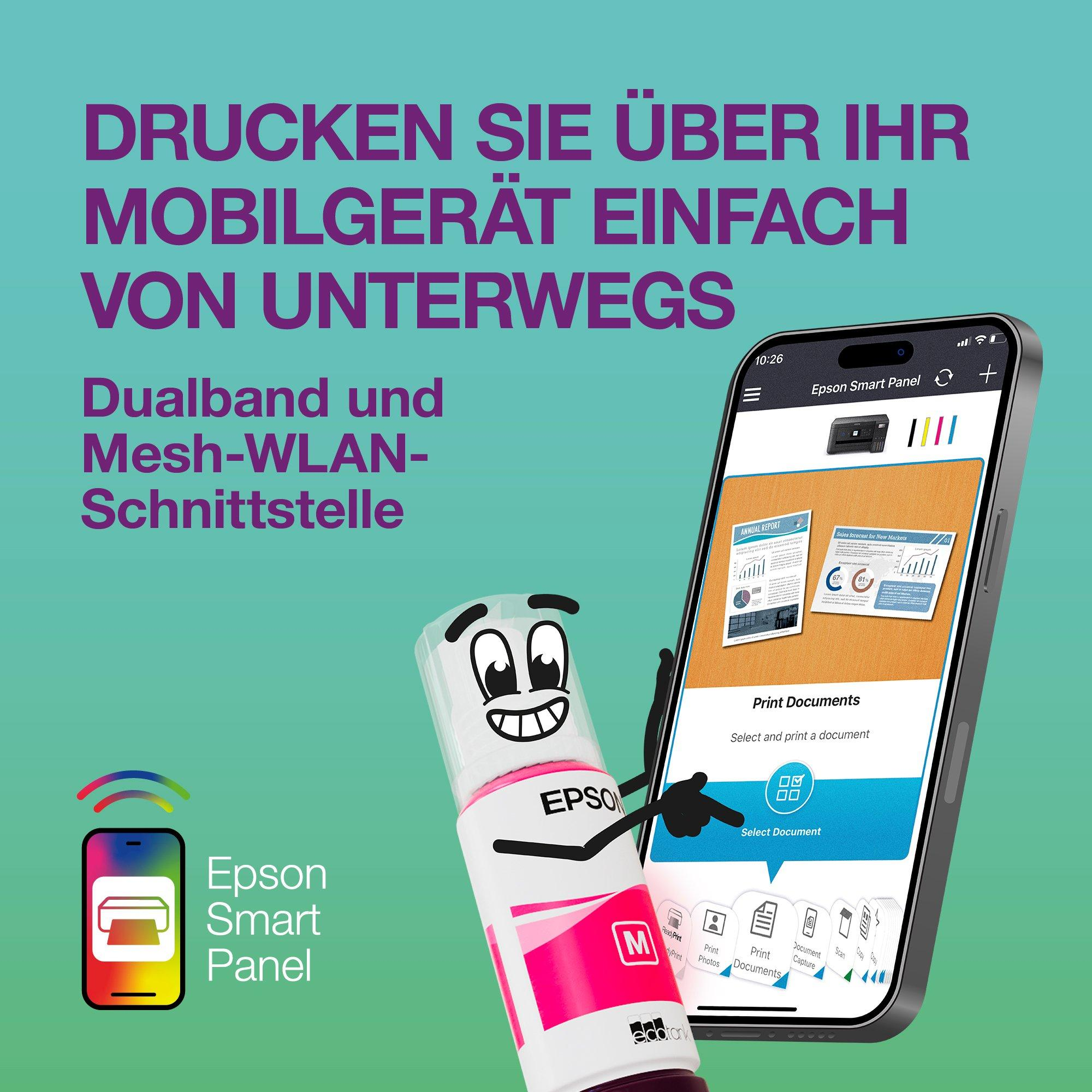 Bild zeigt Epson Smart Panel App auf dem Telefon, mit einer Epson Tintenflasche als Charakter. Text wirbt für mobiles Drucken.