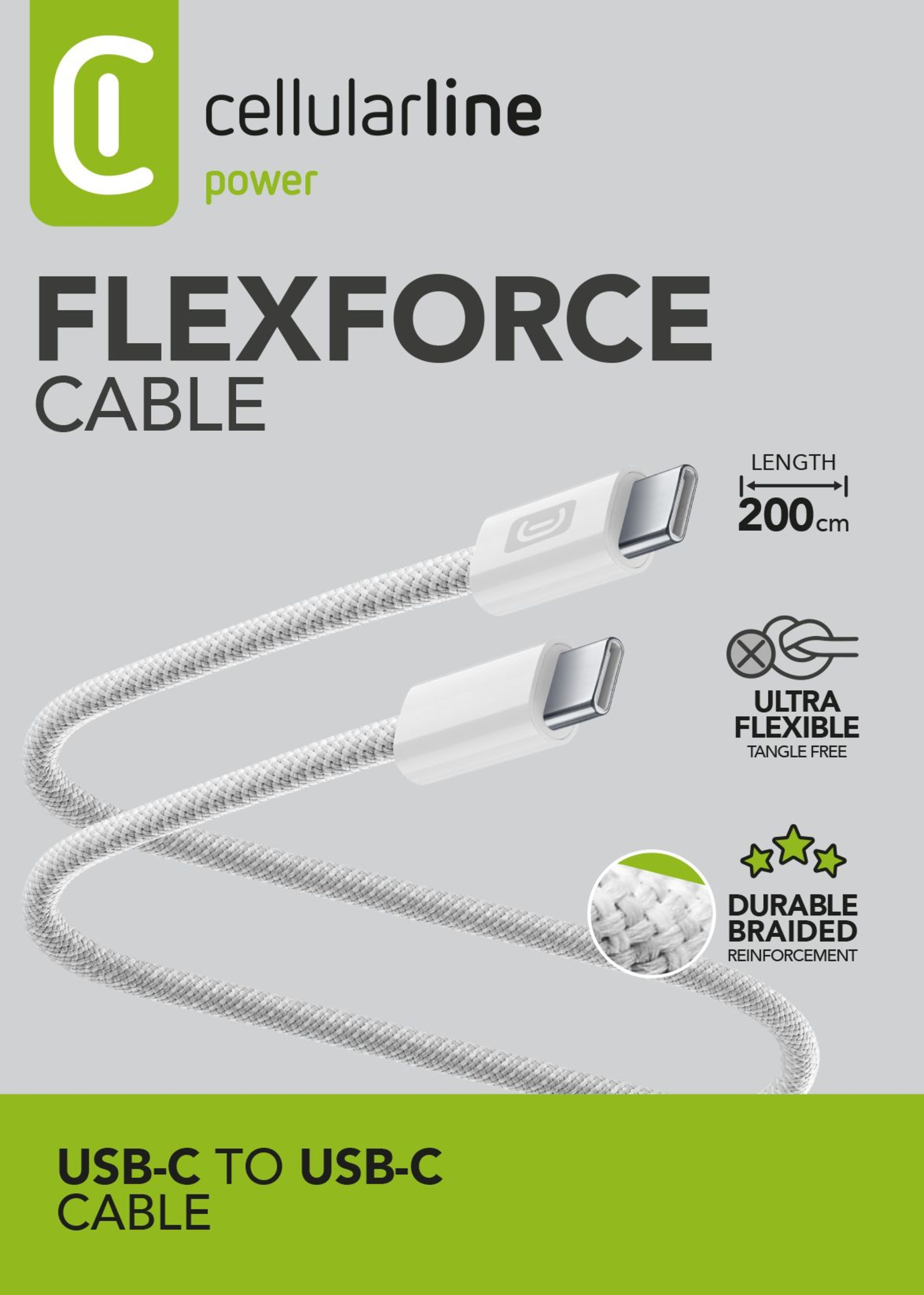Das Bild zeigt ein weiß geflochtenes USB-C-Kabel mit weißen Steckern. Der Text lautet Flexforce-Kabel, langlebig, ultra flexibel.