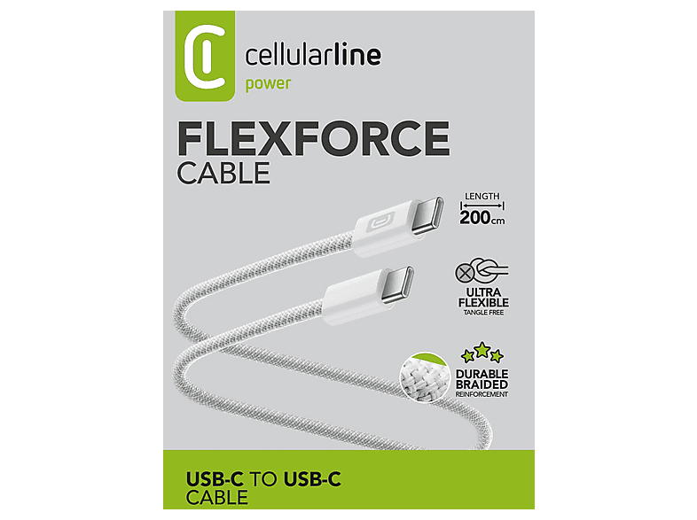 Thumbnail - CELLULAR LINE Flexforce Silikon ummanteltes USB-C zu USB-C, Ladekabel, 2 m, Weiß
