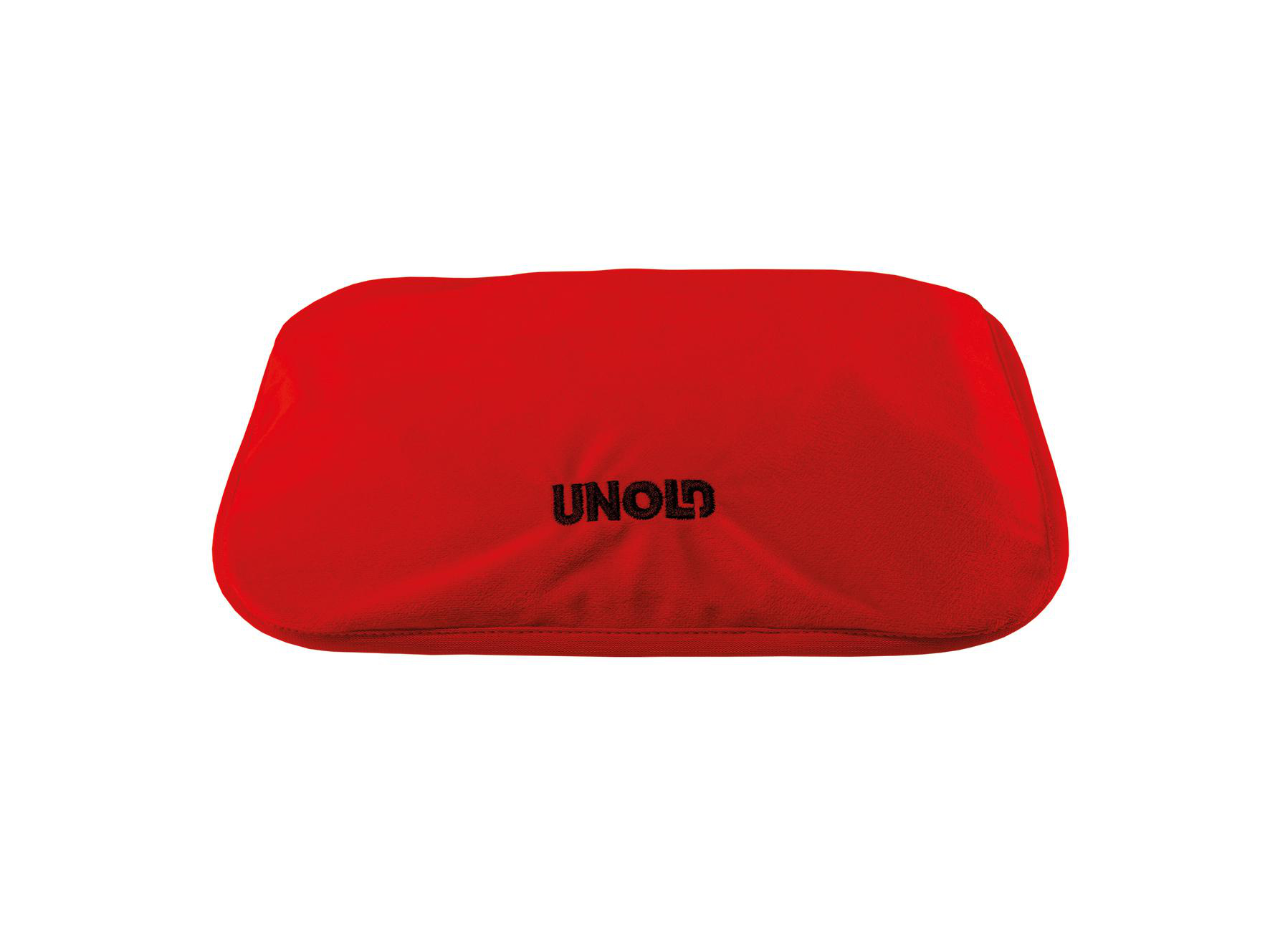Ein rotes rechteckiges Objekt mit abgerundeten Ecken und dem Wort 'UNOLD' in schwarzen Buchstaben.