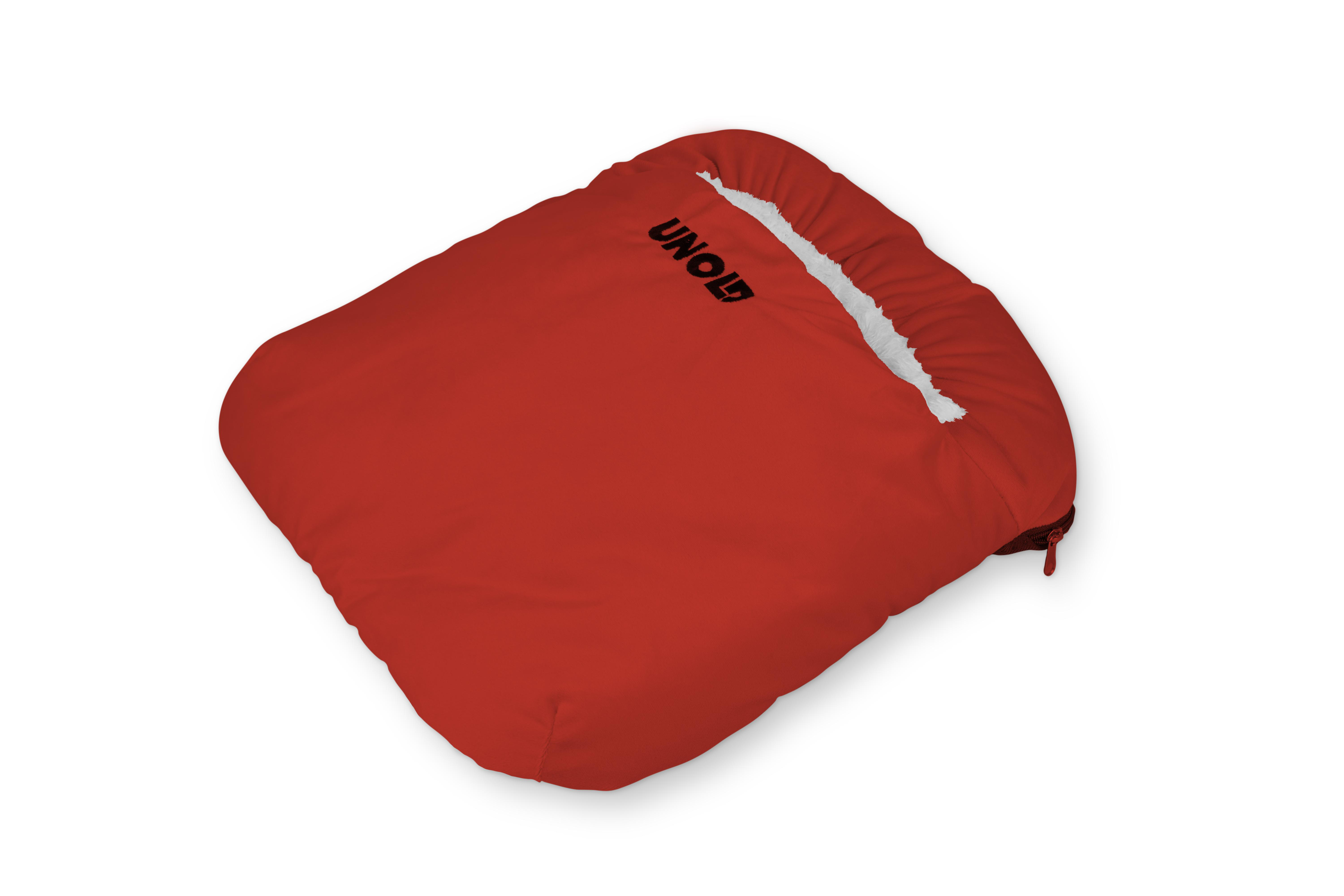 Roter Schlafsack mit weißer Innenseite, schwarzem "UNOLD" Text. Reißverschluss an der Seite. Isoliert auf weißem Hintergrund.