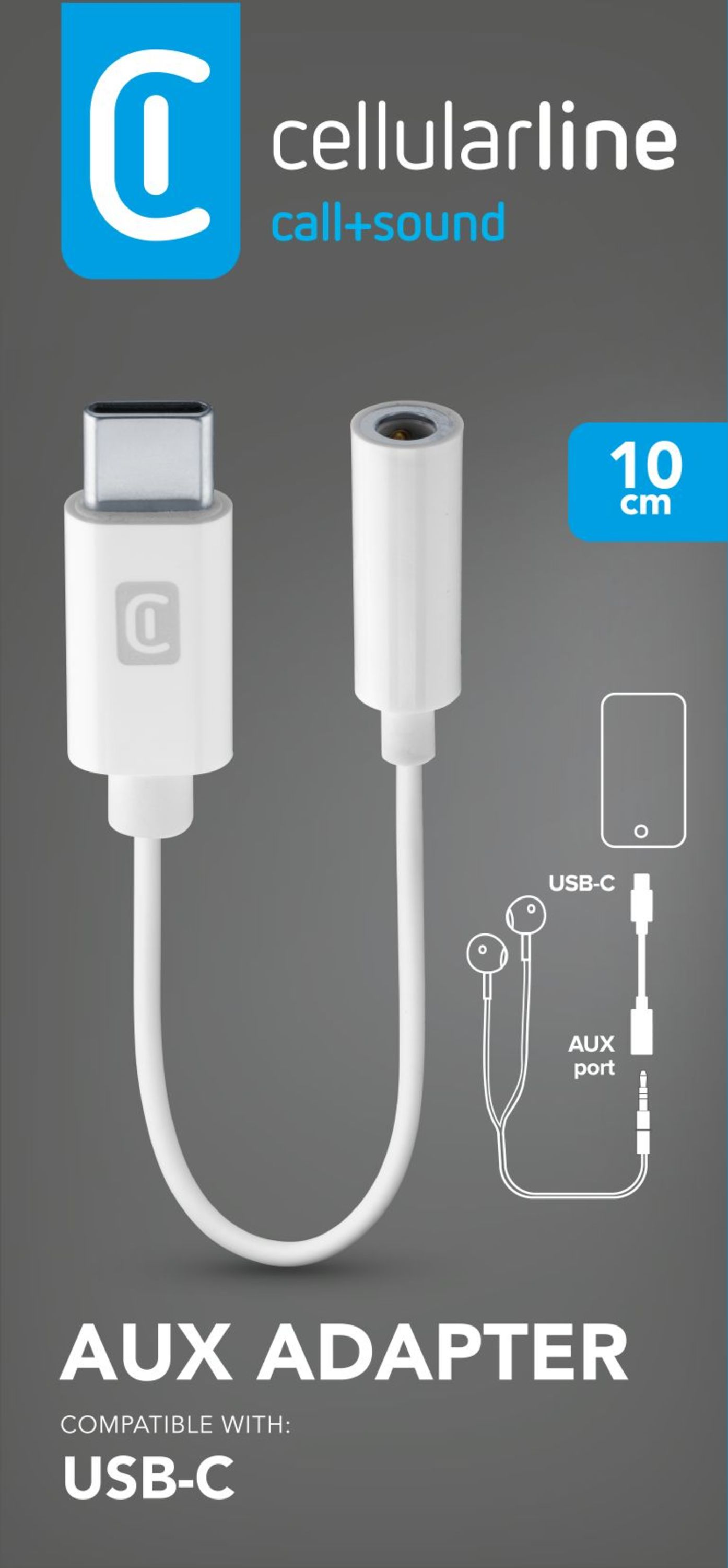 Weißer AUX-Adapter mit USB-C und Klinkenstecker, Markenname 'cellularline' auf blauem Grund.