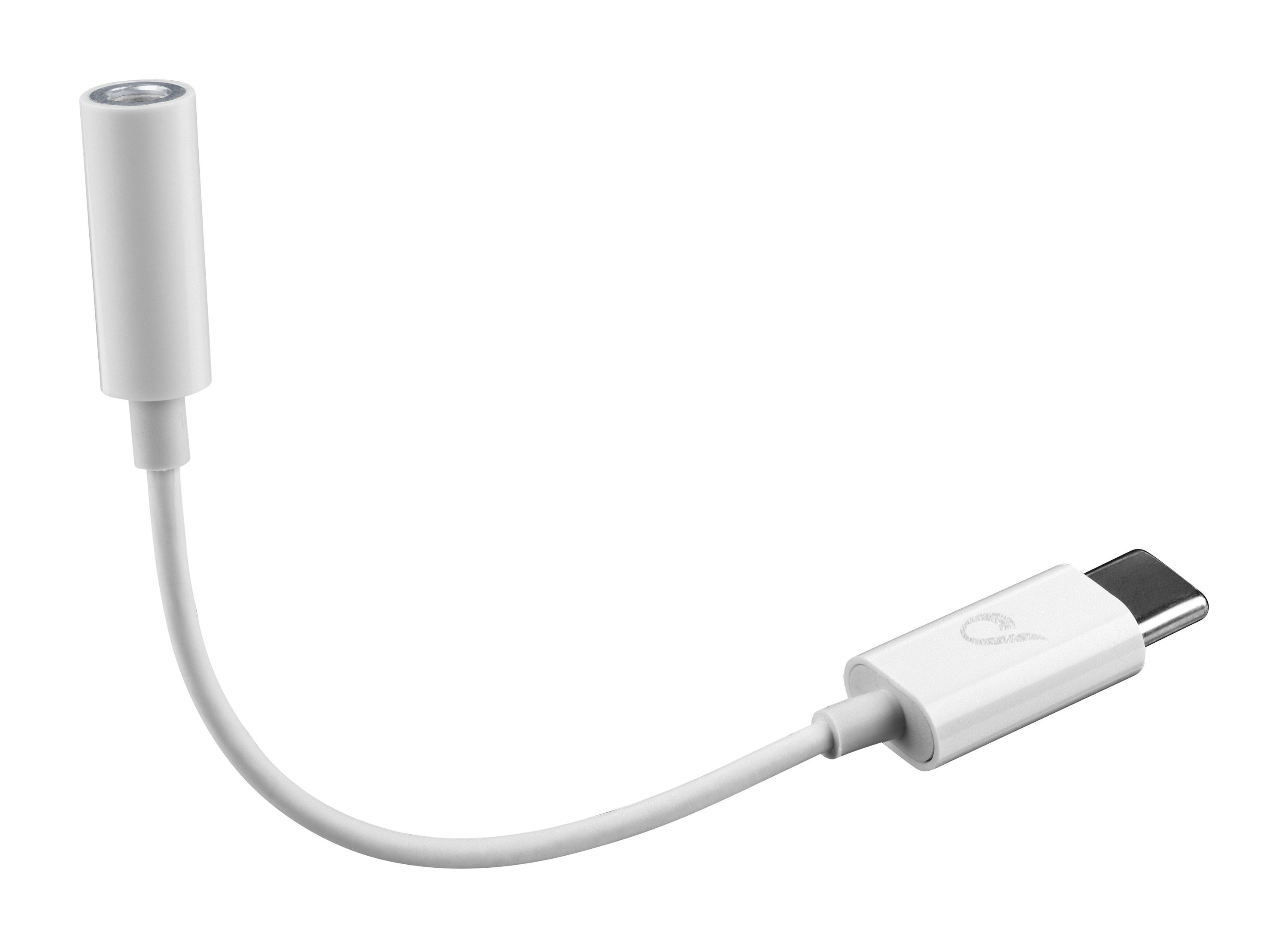 Ein weißer USB-C-auf-Audio-Buchsen-Adapter. Er hat eine zylindrische Audiobuchse, ein Kabel und einen USB-C-Anschluss.