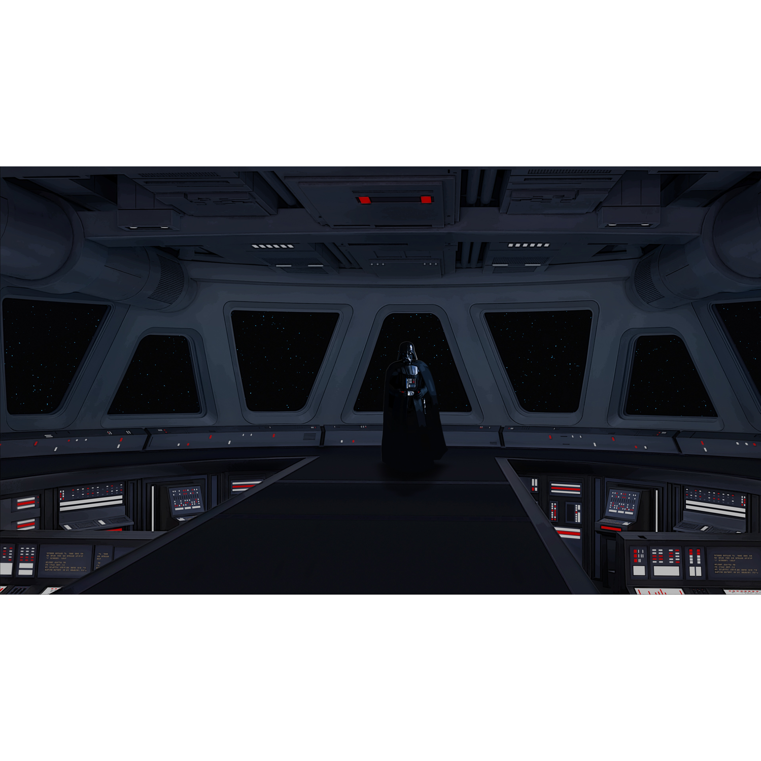 Darth Vader staat in de controlekamer van een ruimteschip. De kamer is donker, met bedieningspanelen en ramen die een sterrennacht laten zien.