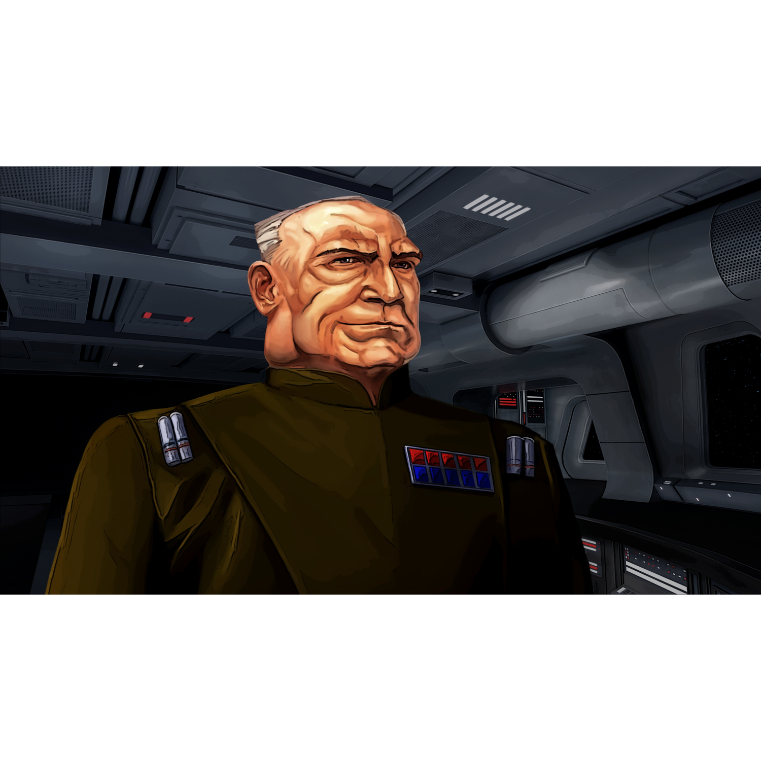 Een oudere man in een donkergroen uniform, met ranginsignes, in een ruimteschip. Achtergrond toont sterren.