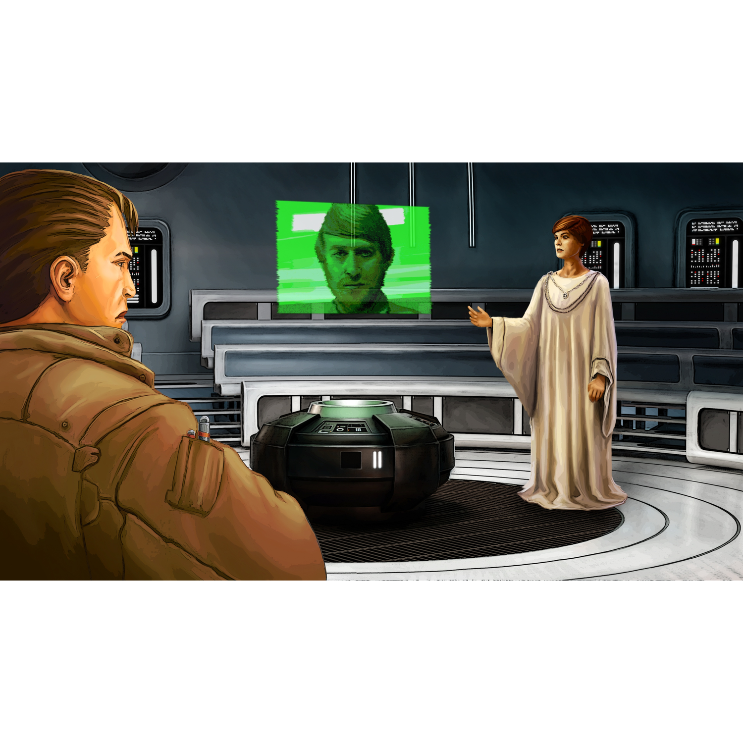In een futuristische kamer gebaart een vrouw in witte gewaden. Een man in een jas kijkt naar een scherm met een gezicht. Een donker apparaat ligt voor.